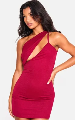 Dark Red One Shoulder Cut Out Strap Detail Bodycon Dress