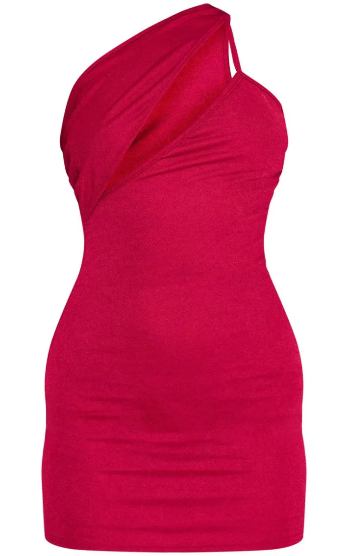 Dark Red One Shoulder Cut Out Strap Detail Bodycon Dress