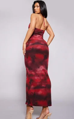 Dark Red Printed Mesh Cut Out Halter Neck Midaxi Dress