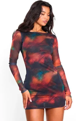 Dark Red Printed Mesh Long Sleeve Bodycon Dress