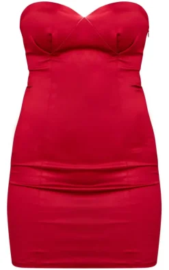 Dark Red Satin Bandeau Cup Detail Mini Dress