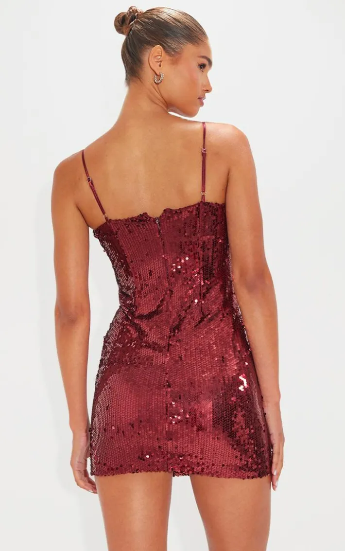 Dark Red Sequin Corsage Detail Bandeau Mini Dress