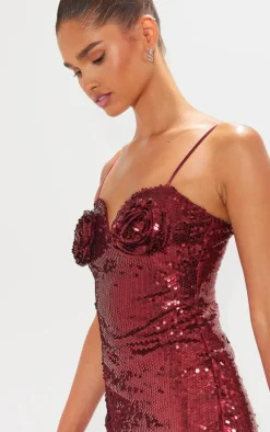 Dark Red Sequin Corsage Detail Bandeau Mini Dress