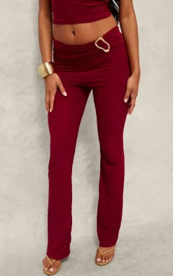Dark Red Slinky Fold Over Metal Trim Skinny Flare Pants