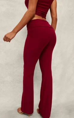 Dark Red Slinky Fold Over Metal Trim Skinny Flare Pants