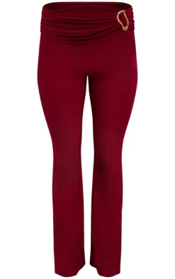 Dark Red Slinky Fold Over Metal Trim Skinny Flare Pants