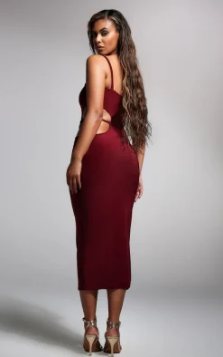 Dark Red Slinky One Shoulder Trim Detail Midaxi Dress