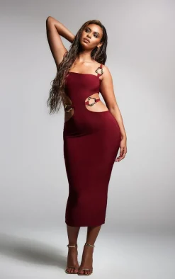 Dark Red Slinky One Shoulder Trim Detail Midaxi Dress