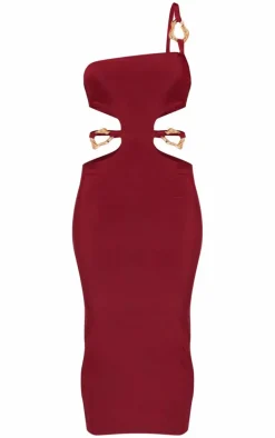 Dark Red Slinky One Shoulder Trim Detail Midaxi Dress