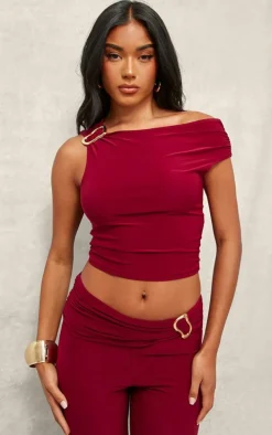 Dark Red Slinky Ruched Off The Shoulder Metal Trim Top