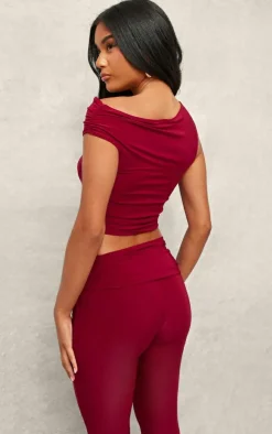 Dark Red Slinky Ruched Off The Shoulder Metal Trim Top