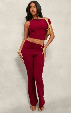 Dark Red Slinky Ruched Off The Shoulder Metal Trim Top