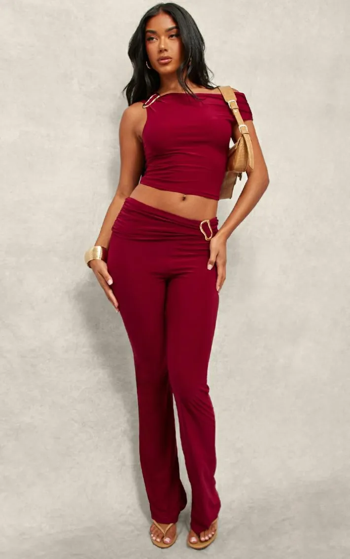 Dark Red Slinky Ruched Off The Shoulder Metal Trim Top