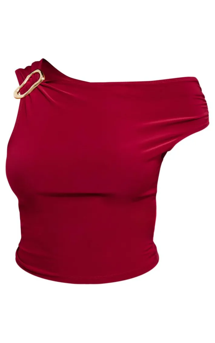 Dark Red Slinky Ruched Off The Shoulder Metal Trim Top