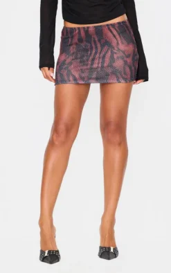 Dark Red Textured Jersey Floral Printed Mini Skirt