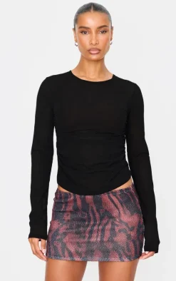 Dark Red Textured Jersey Floral Printed Mini Skirt