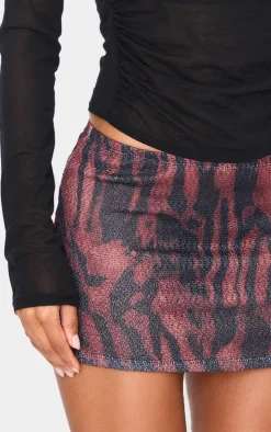 Dark Red Textured Jersey Floral Printed Mini Skirt