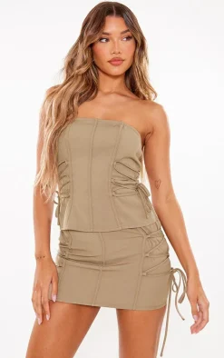 Dark Stone Woven Lace Up Side Strap Detail Bandeau Corset