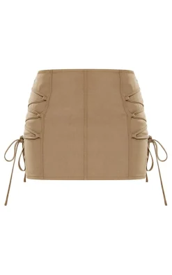 Dark Stone Woven Lace Up Side Strap Detail Low Rise Micro Mini Skirt