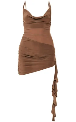 Dark Taupe Double Layer Slinky Mesh Panel Bodycon Dress