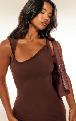 Dark Taupe Lined Mesh Asymmetrical Knotted Midaxi Dress