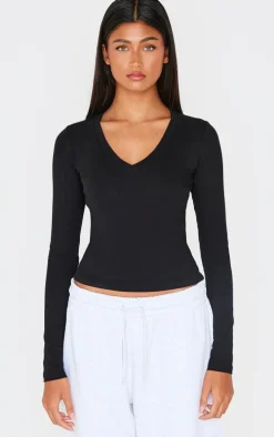 Deep Black Sculpt V Neck Long Sleeve Longline Top