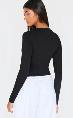 Deep Black Sculpt V Neck Long Sleeve Longline Top