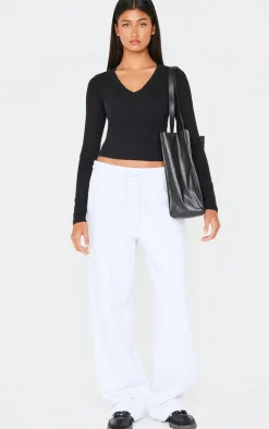 Deep Black Sculpt V Neck Long Sleeve Longline Top