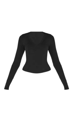 Deep Black Sculpt V Neck Long Sleeve Longline Top