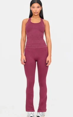 Deep Burgundy Acid Wash Seamless Rib Halter Neck Gym Top