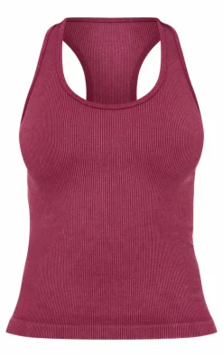 Deep Burgundy Acid Wash Seamless Rib Halter Neck Gym Top