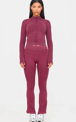 Deep Burgundy Acid Wash Seamless Rib Flare Yoga Pants