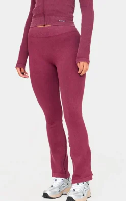 Deep Burgundy Acid Wash Seamless Rib Flare Yoga Pants