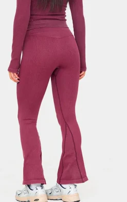 Deep Burgundy Acid Wash Seamless Rib Flare Yoga Pants