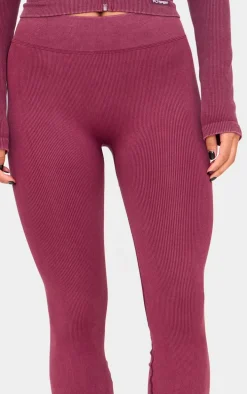 Deep Burgundy Acid Wash Seamless Rib Flare Yoga Pants