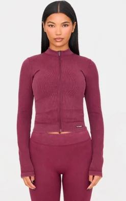 Deep Burgundy Acid Wash Seamless Ribbed Zip Up Cropped Sports Jacket
