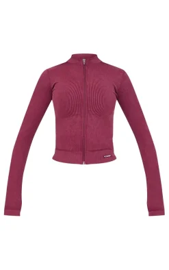 Deep Burgundy Acid Wash Seamless Ribbed Zip Up Cropped Sports Jacket