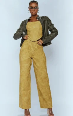 Deep Stone Washed Faux Leather Boned Corset