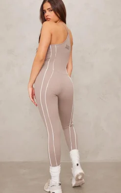 Deep Taupe Sculpt Contrast Seam Strappy Long Unitard
