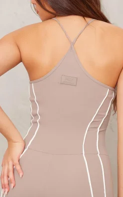 Deep Taupe Sculpt Contrast Seam Strappy Long Unitard