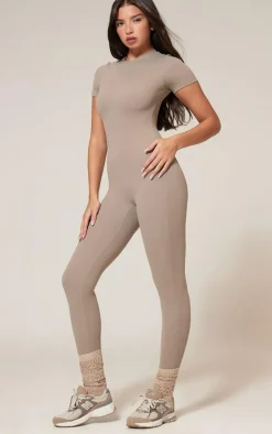 Deep Taupe Sculpt Short Sleeved Unitard