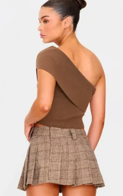 Deep Taupe Soft Rib Knit One Shoulder Fold Over Crop Top
