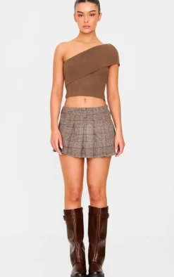 Deep Taupe Soft Rib Knit One Shoulder Fold Over Crop Top