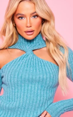 Deep Teal Soft Rib Knit High Neck Cut Out Top