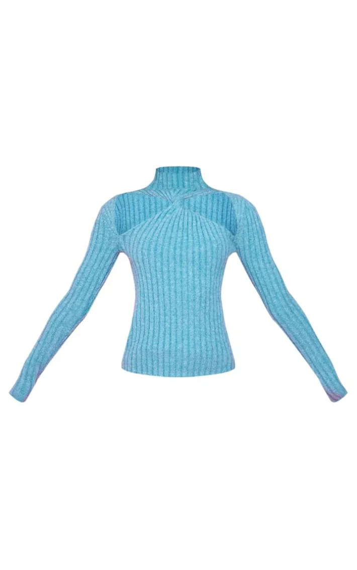 Deep Teal Soft Rib Knit High Neck Cut Out Top