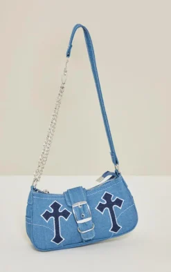 Denim Contrast Stitch Cross Applique Buckle Shoulder Bag