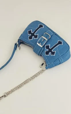Denim Contrast Stitch Cross Applique Buckle Shoulder Bag