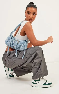 Denim Distressed Patchwork Buckle Shoulder Bag