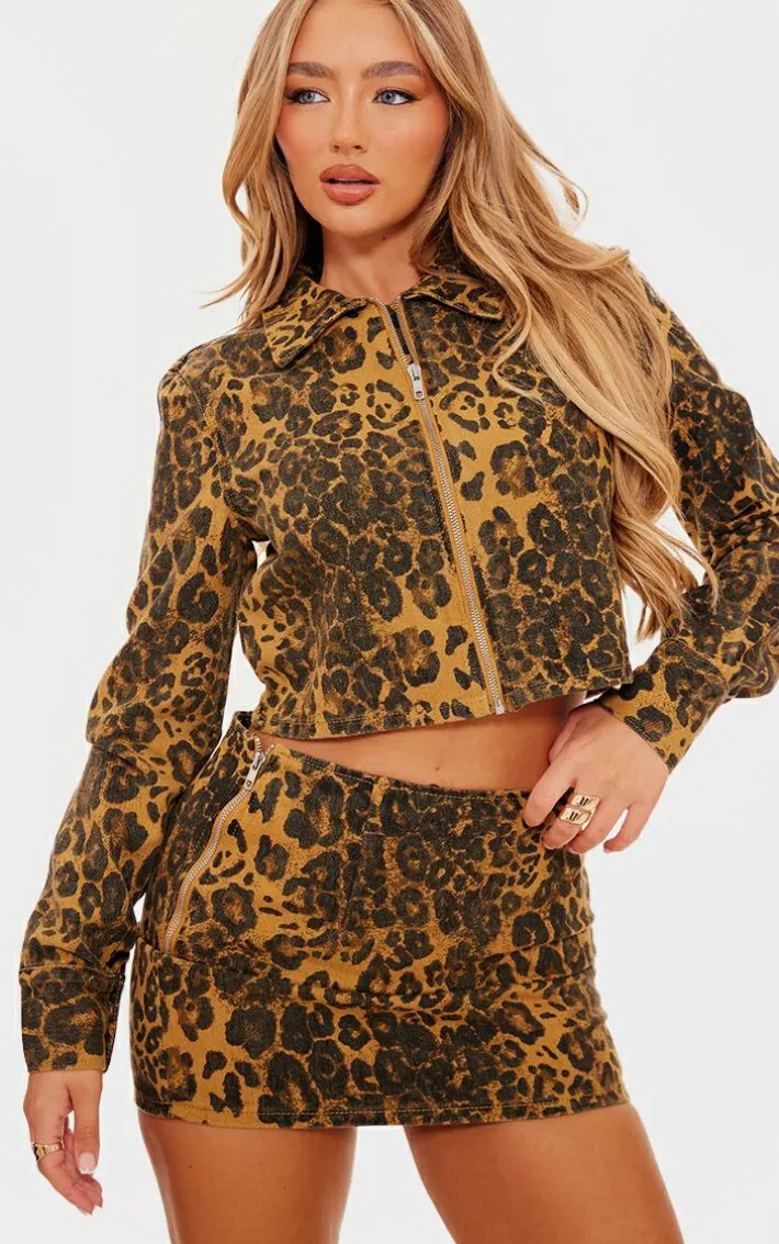Denim Leopard Print Micro Mini Skirt