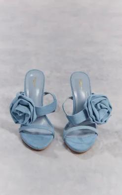 Denim Round Toe Side Rose Detail High Heeled Sandals